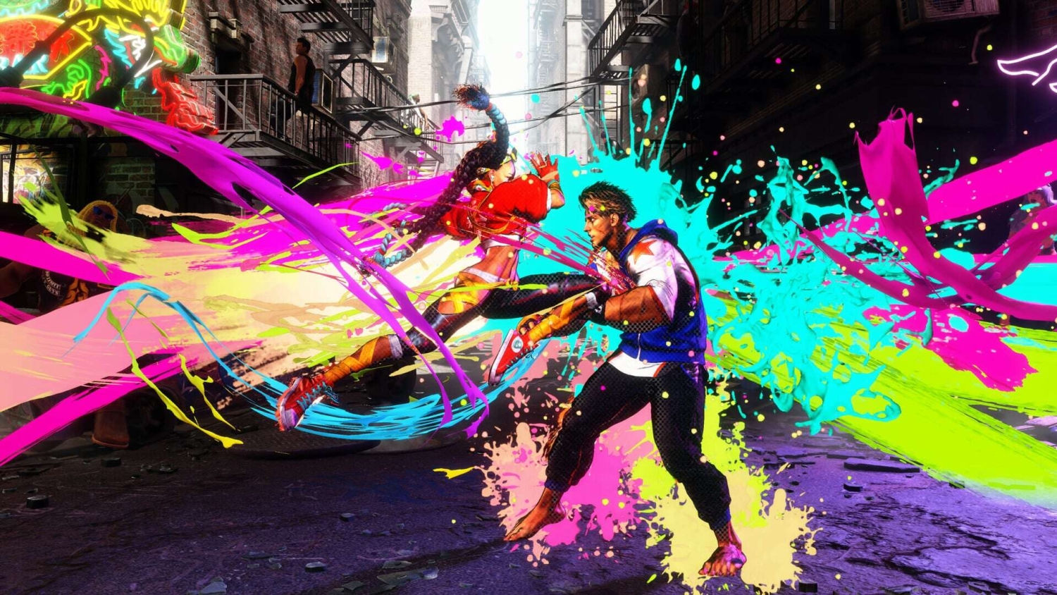 Two fighters engage in combat with vibrant paint splashes in an alleyway filled with brick buildings and neon lights