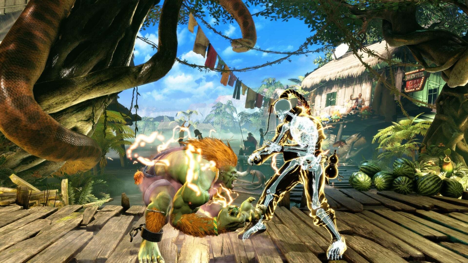 Two fighters engaged on wooden platform in lush jungle village with giant snakes wrapped on trees