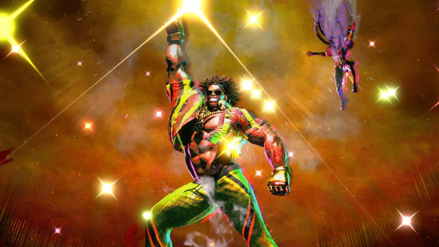 Muscular man in bright outfit raises fist triumphantly with glowing sparkles around him