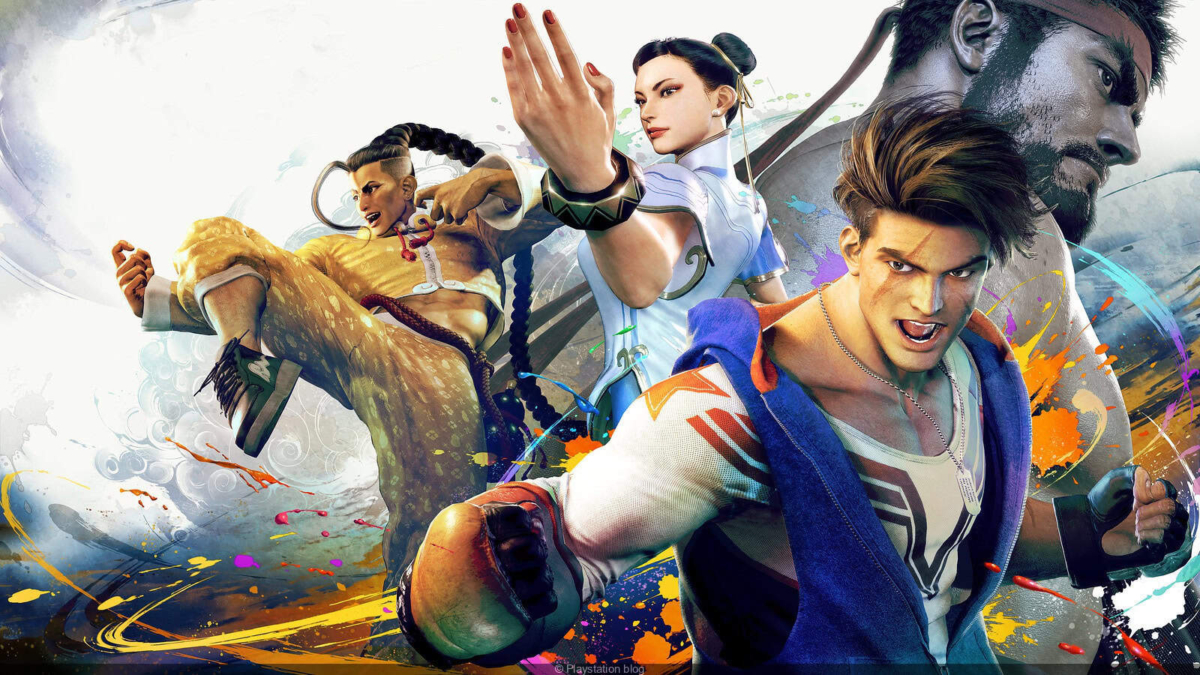 Three dynamic characters from Street Fighter VI in action poses with colourful splash background