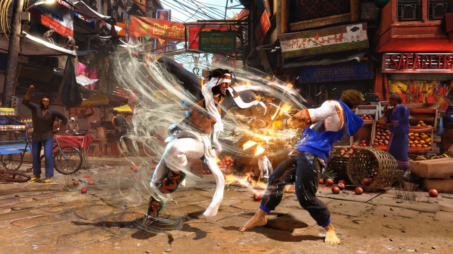 Two male fighters engaged in a dynamic street market fight with motion blur and energy effects