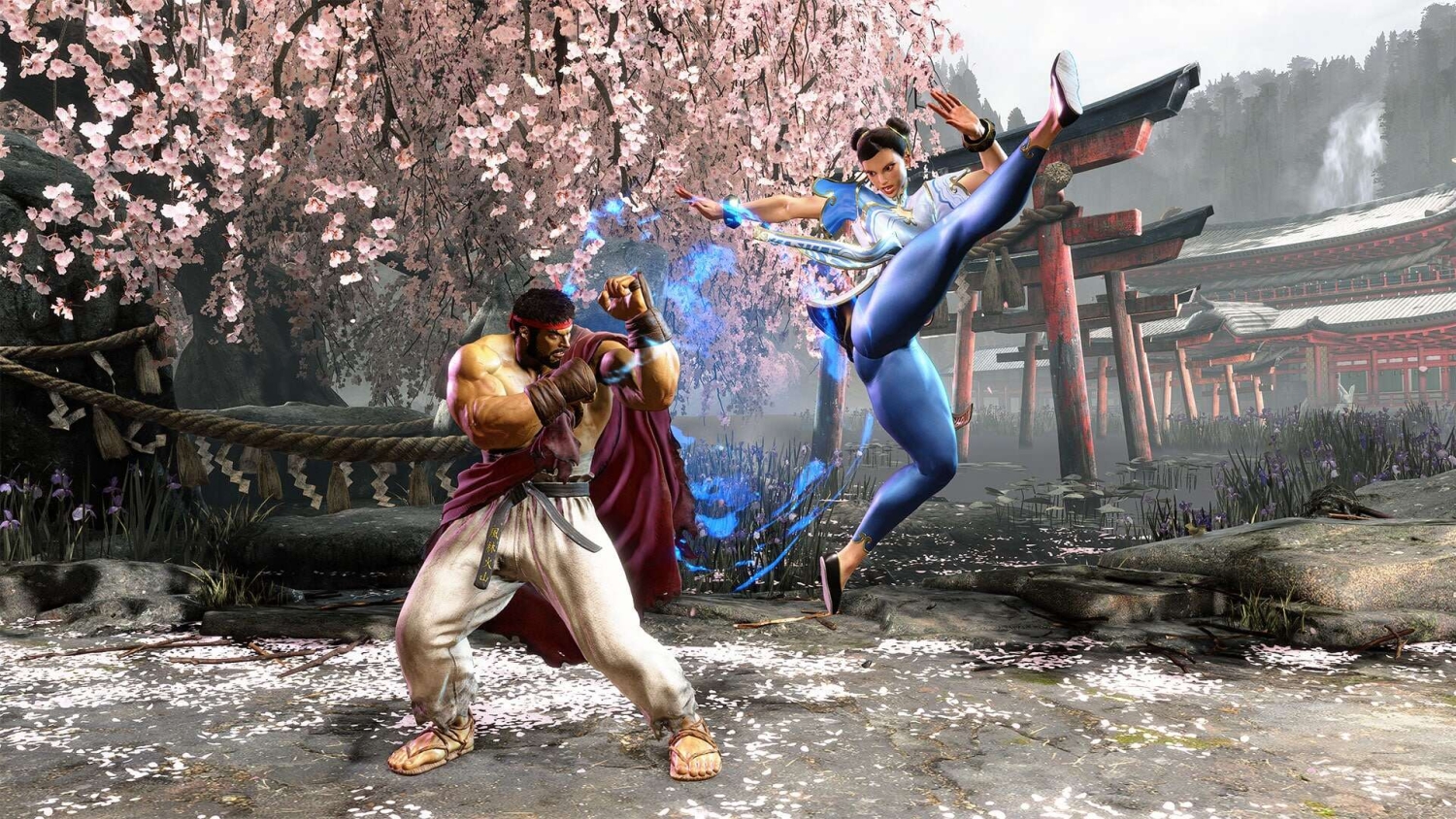 Characters engaged in a martial arts battle beneath cherry blossom trees and red torii gates in a Japanese shrine