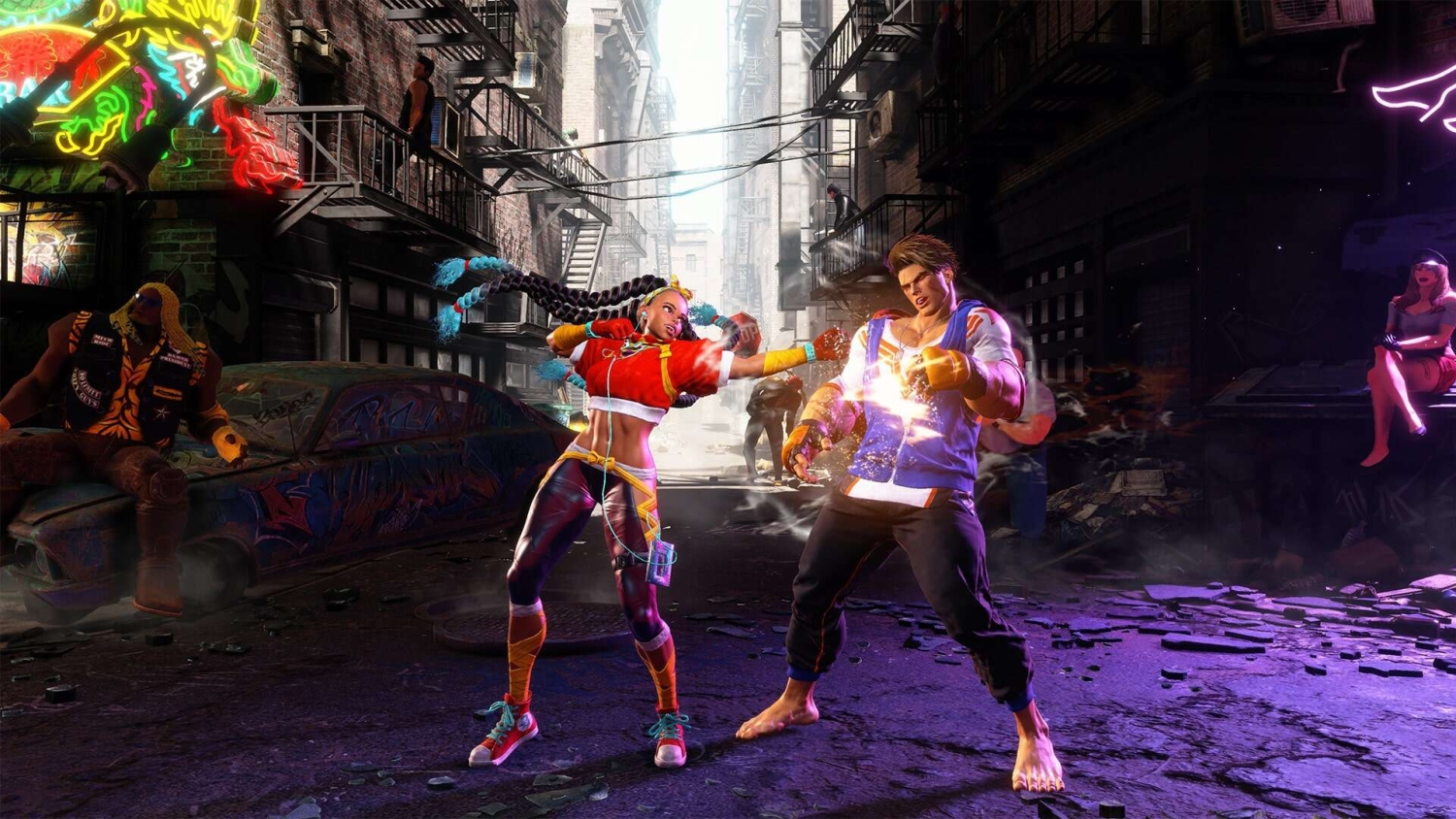 Two fighters exchanging blows in a neon-lit alley with graffiti and spectators in the background