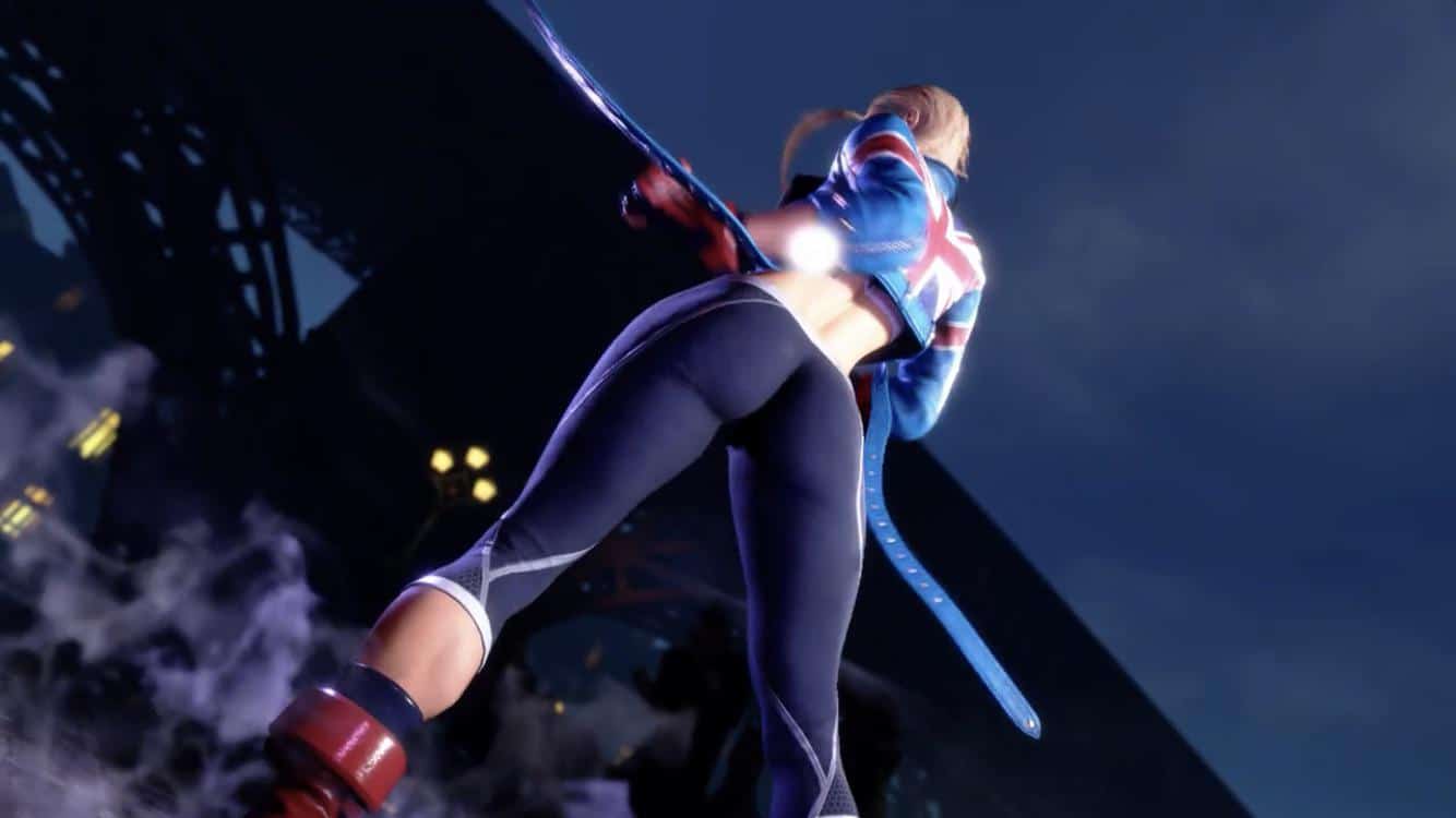 Female character in tight athletic leggings and cropped jacket wielding a glowing sword at night