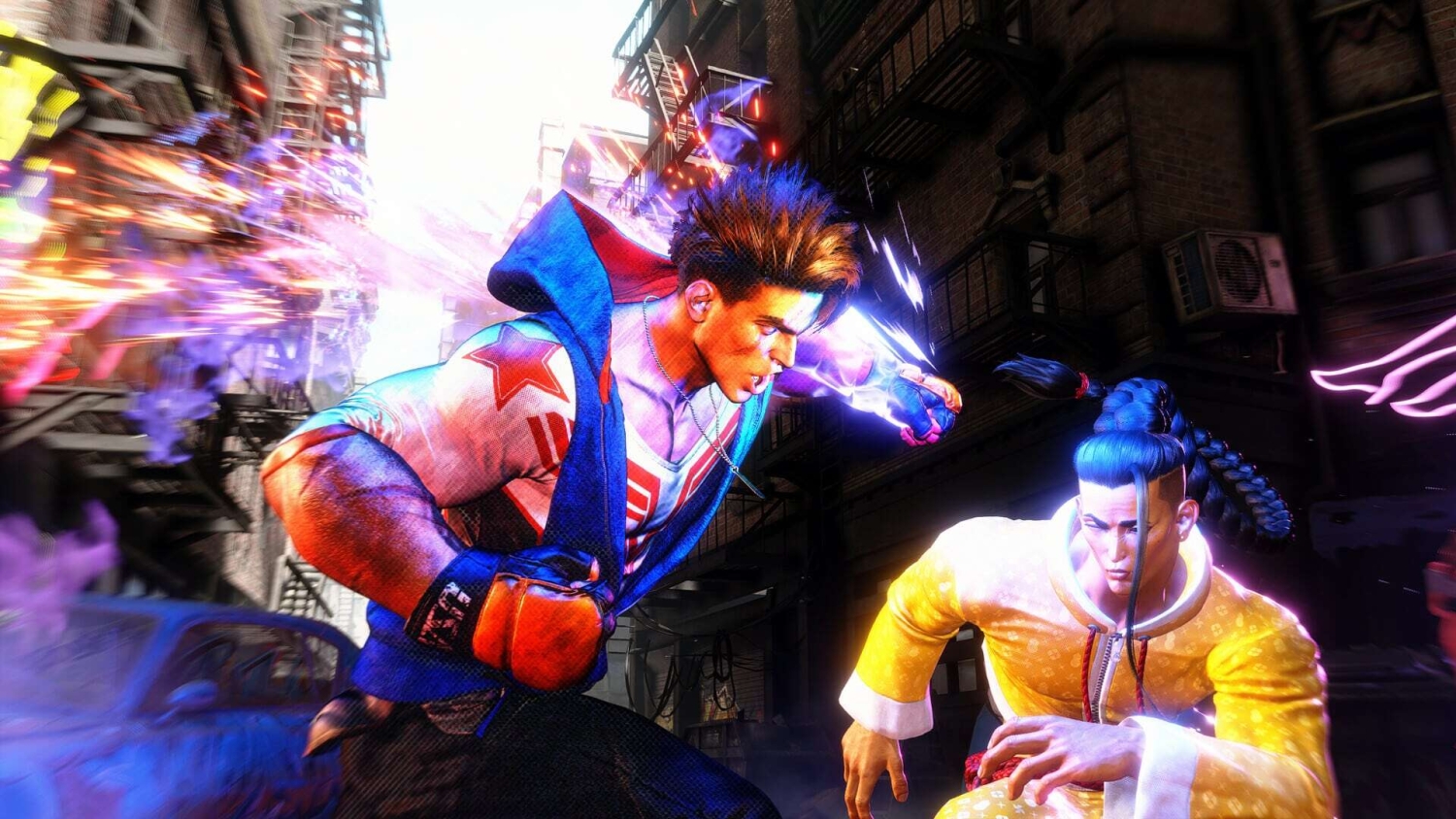 Two male fighters clashing with glowing energy powers in a dark urban alley
