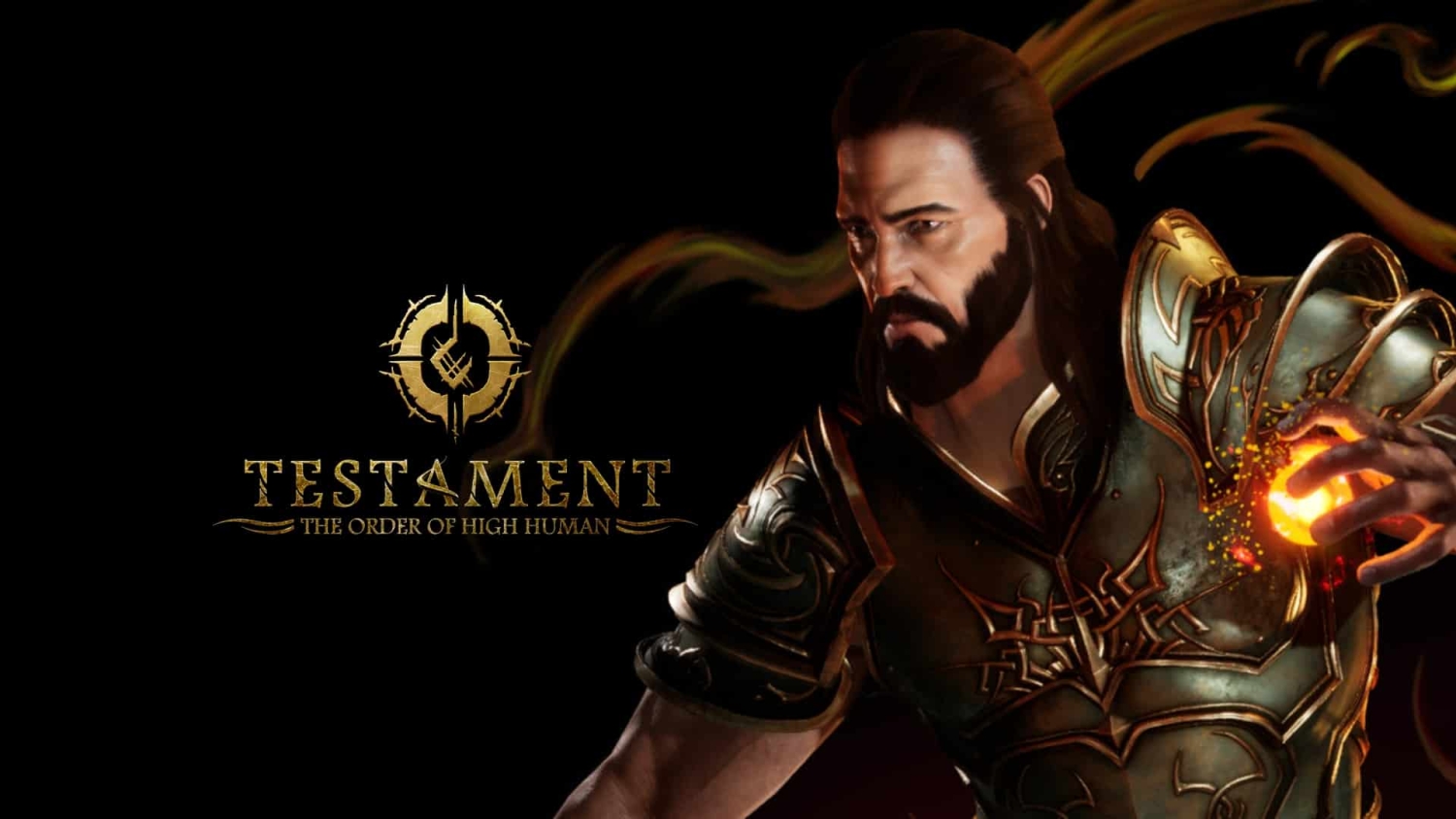 Bearded warrior in detailed armour holding a glowing magical orb with Testament game logo