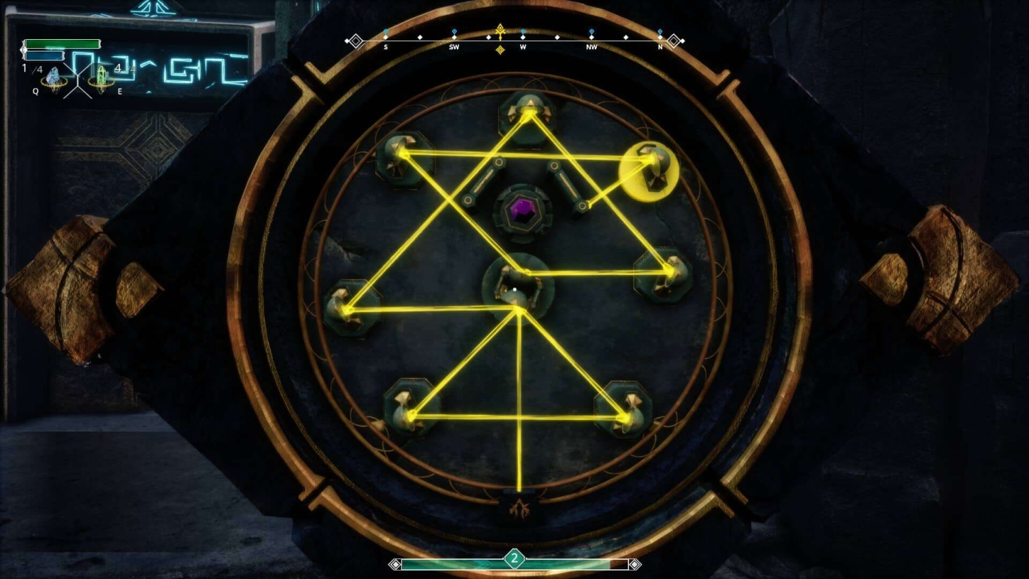 Circular puzzle with glowing yellow lines connecting nodes forming a star and cross pattern