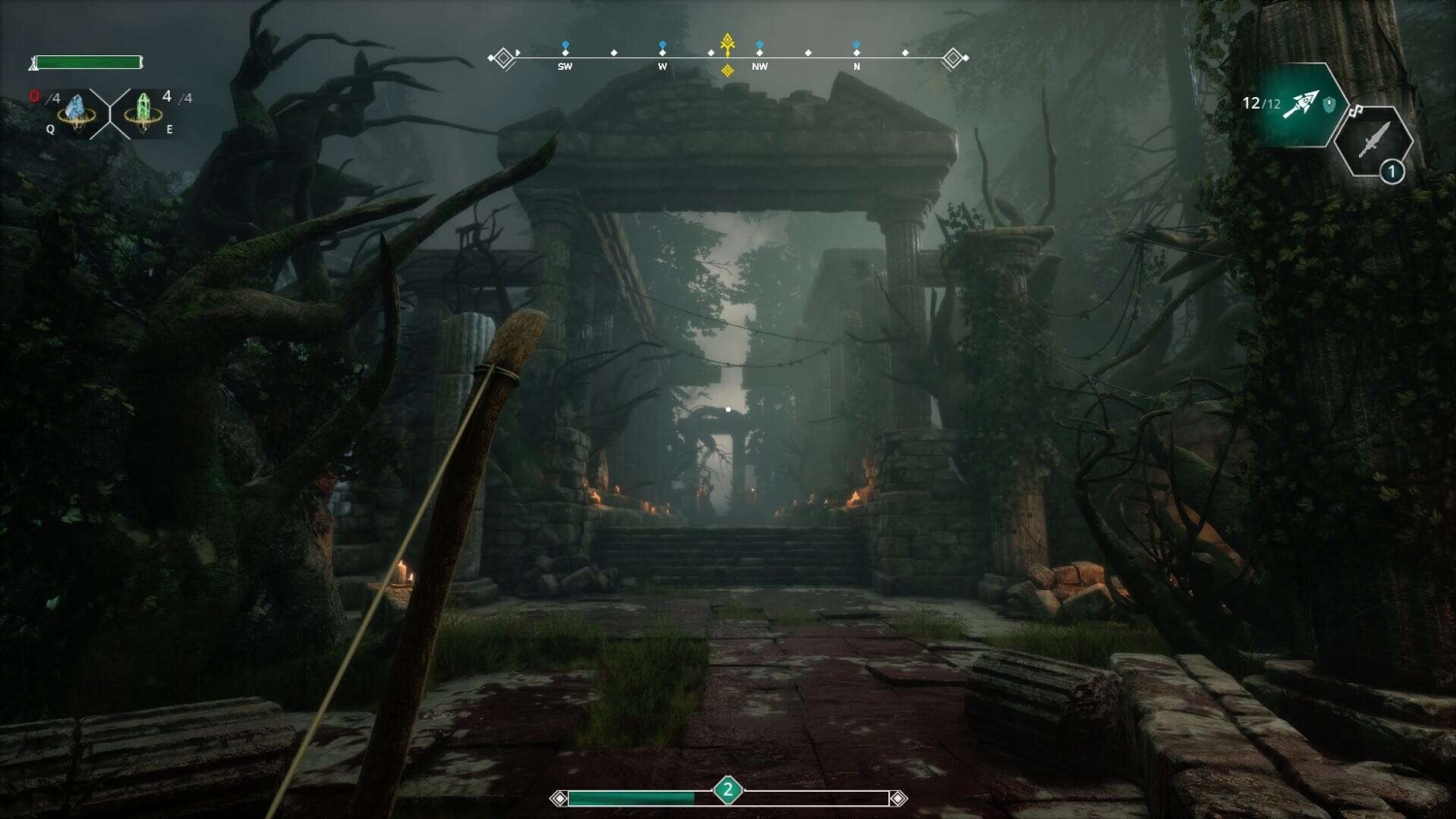 First-person aiming bow at moss-covered stone ruins surrounded by twisted trees and fog
