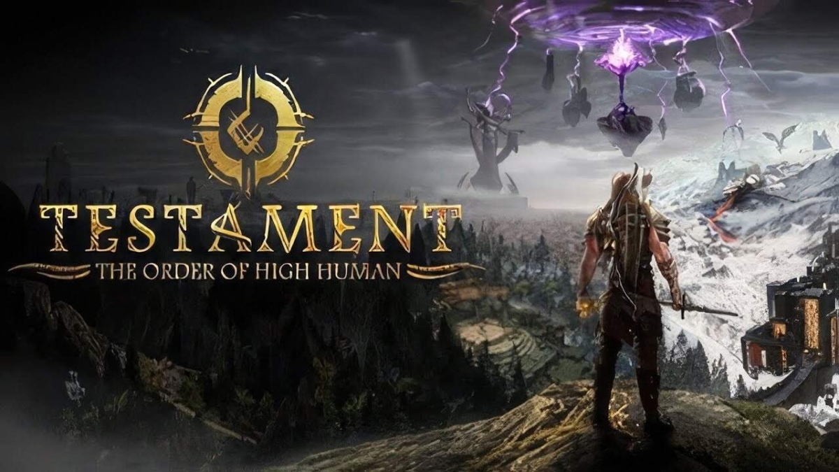 Character with long hair and sword overlooking fantasy world with dark skies and floating rocks