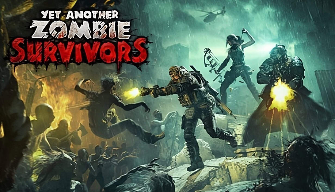 Three armed survivors firing weapons at attacking zombies in a rain-soaked ruined urban setting