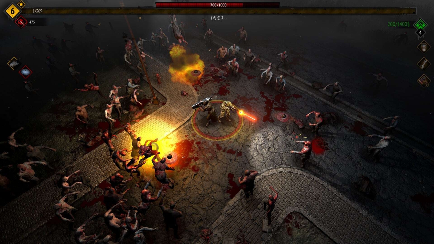 Two armed survivors fight off a large crowd of zombies on cracked urban streets at night