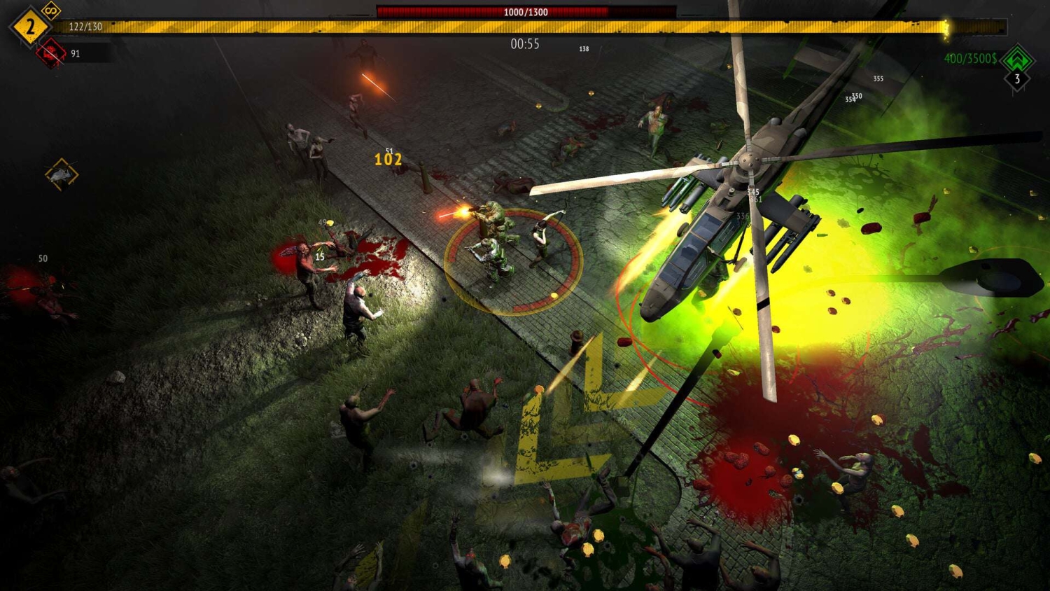 Top-down view showing characters fighting zombies beside a helicopter releasing green gas and blood stains on the ground