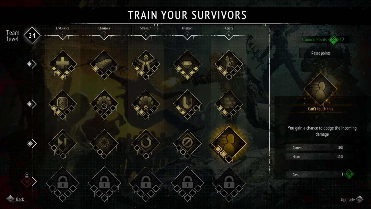 Video game skill tree showing various locked and unlocked survivor training upgrades with attributes like endurance, charisma, strength, intellect, and agility