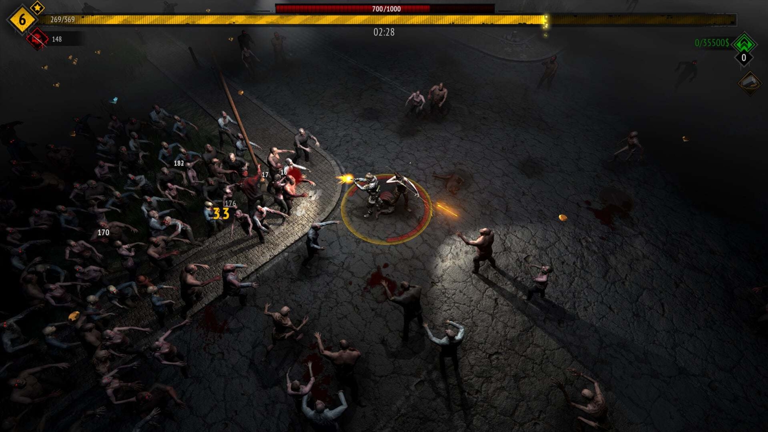 Two armed characters shoot at numerous zombies on cracked pavement in a dark street during a game