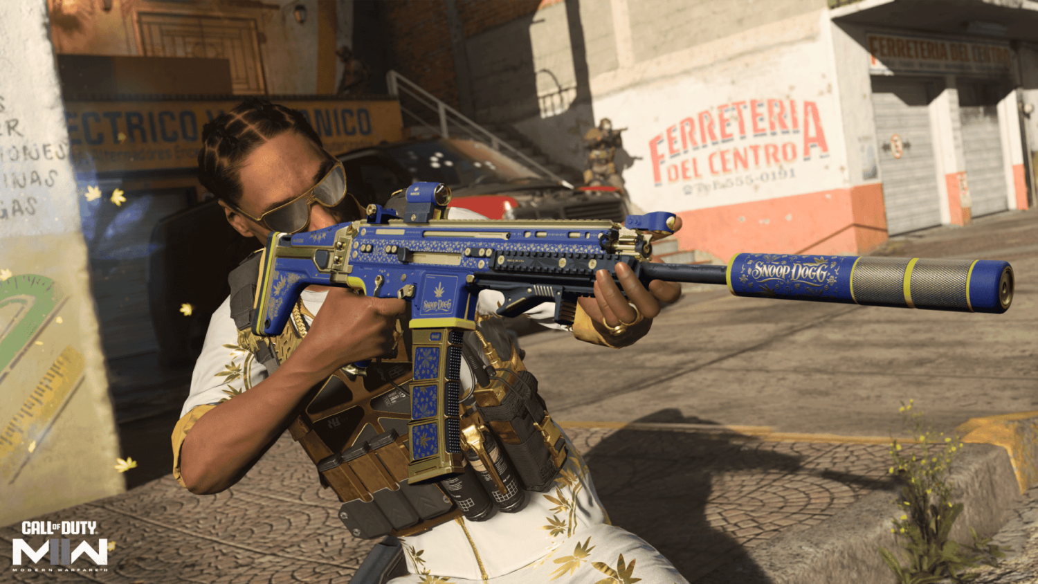 Character aiming with a blue and gold rifle featuring 'Snoop Dogg' branding in an urban street setting