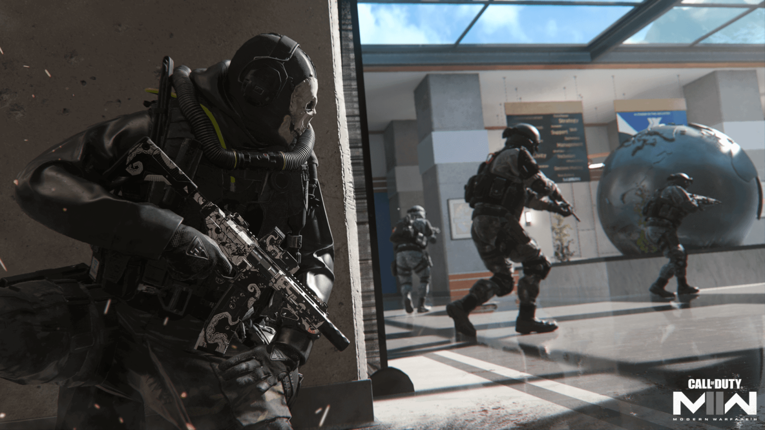 Soldier wearing skull mask and tactical gear crouches behind wall while teammates advance inside building with large globe sculpture