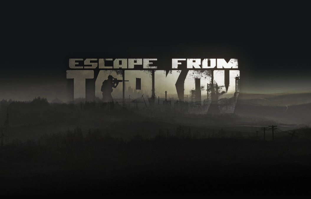 Escape From Tarkov logo with a silhouette of a soldier aiming a rifle and an industrial background
