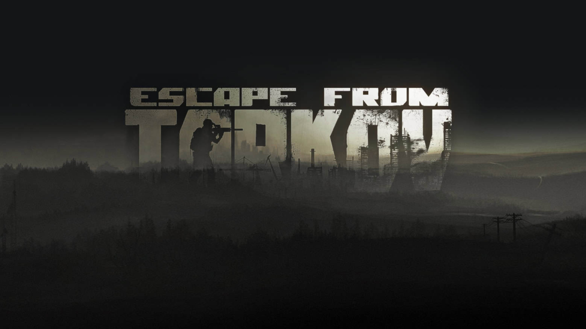 Escape From Tarkov logo with a silhouette of a soldier aiming a rifle and an industrial background