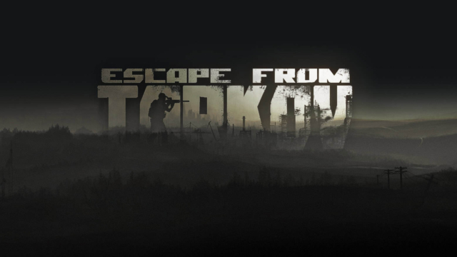 Escape From Tarkov logo with a silhouette of a soldier aiming a rifle and an industrial background