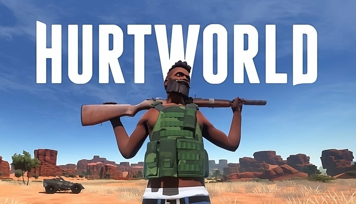 Game character holding rifle over shoulders in desert landscape with large Hurtworld text above