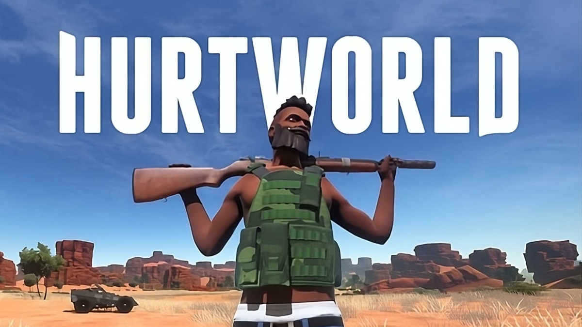Game character holding rifle over shoulders in desert landscape with large Hurtworld text above