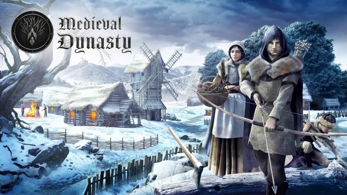 Two medieval characters in winter clothing stand in front of snowy village with thatched cottages and windmill, one aiming a bow.