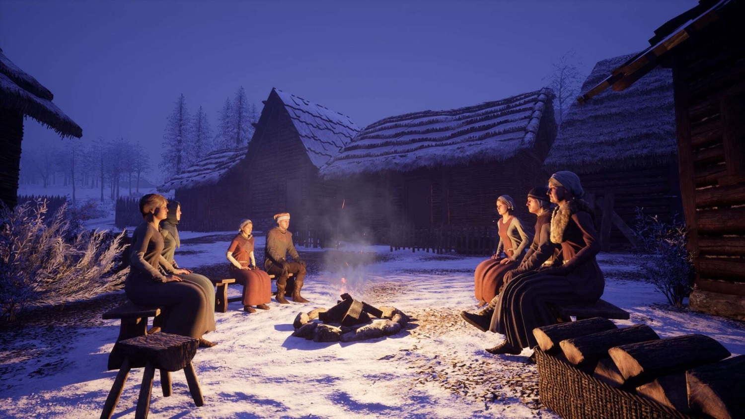 Seven medieval villagers sitting on benches around a campfire in a snowy village at dusk with timber houses