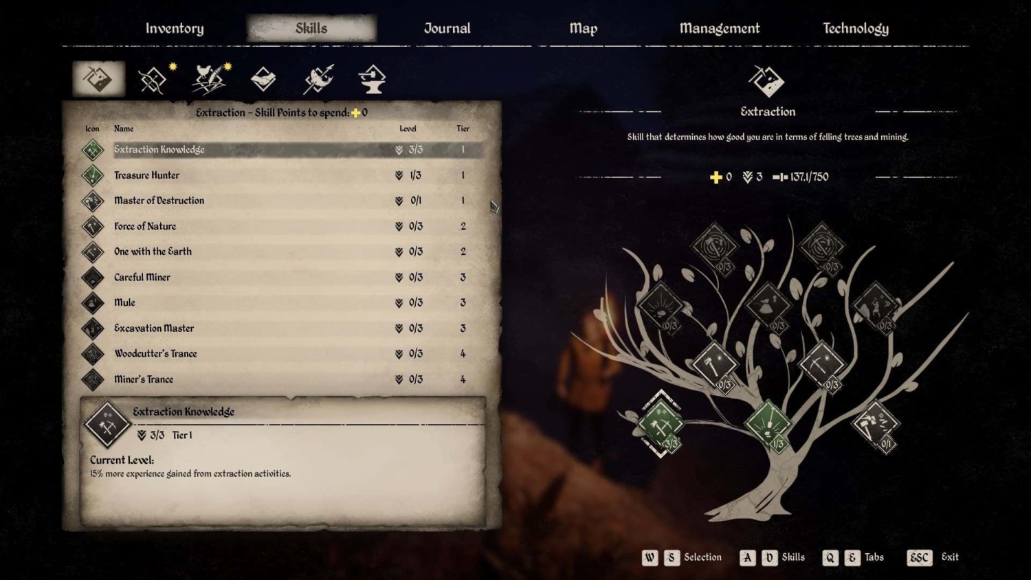 Video game skill menu showing extraction skills with levels and tier details