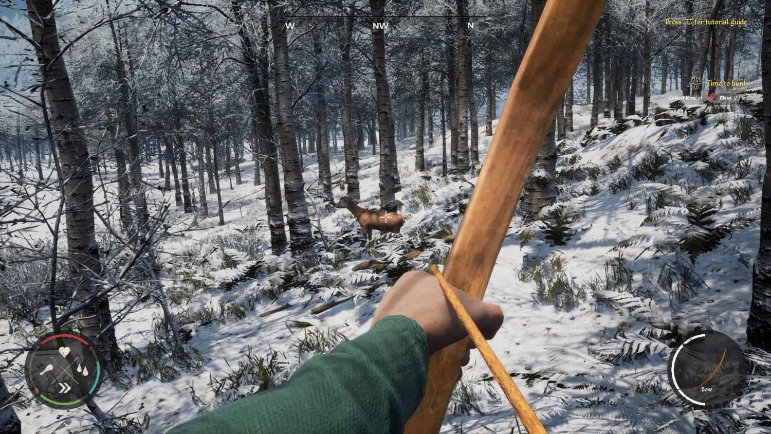 Bow hunting in snowy forest First-person view aiming a wooden bow at a deer standing in a snowy forest with bare trees