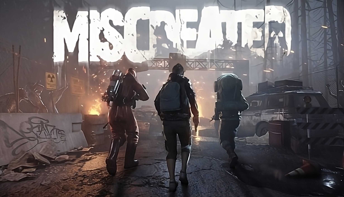 Three figures in tactical gear walk towards a gate with the word Miscreated above it in a post-apocalyptic setting