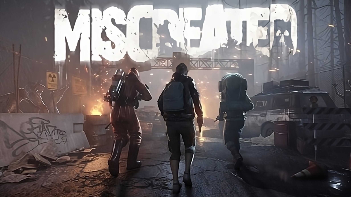 Three figures in tactical gear walk towards a gate with the word Miscreated above it in a post-apocalyptic setting