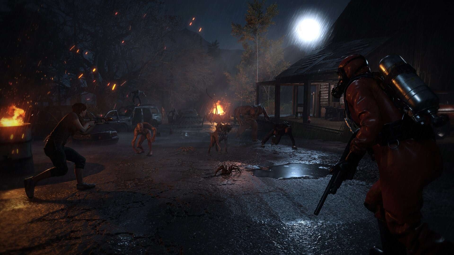 Two armed figures confront monstrous creatures and a dog near burning fires on a wet street at night