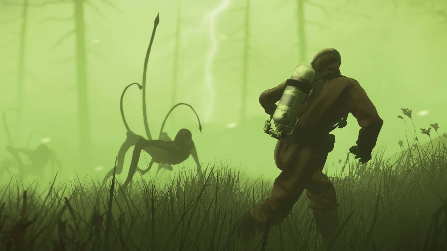 Person in a brown hazmat suit running through tall grass in a green fog with a dark tentacled monster approaching