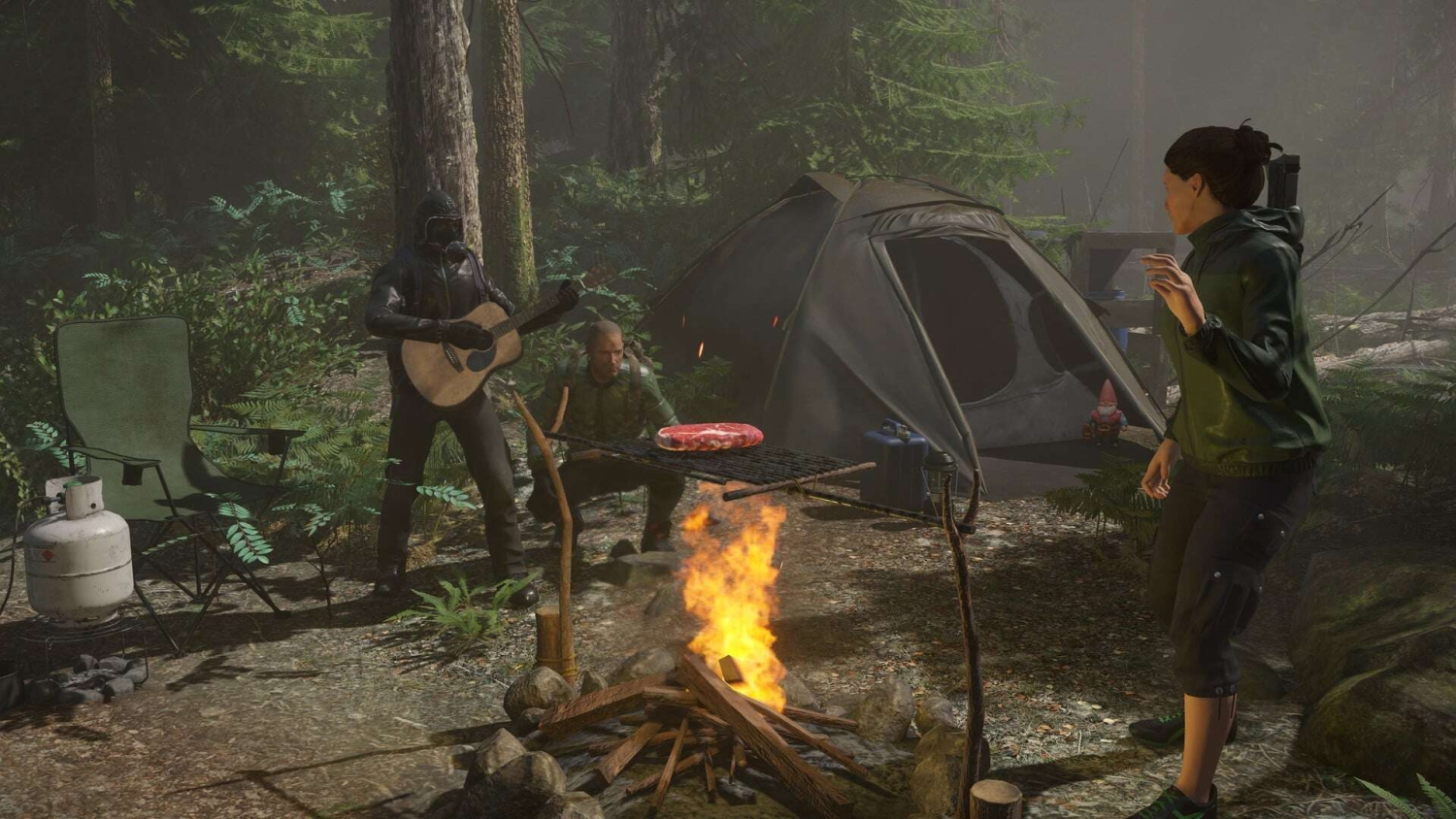 Three people at a forest campsite with campfire, one plays guitar, one crouches near fire, and a tent is in the background