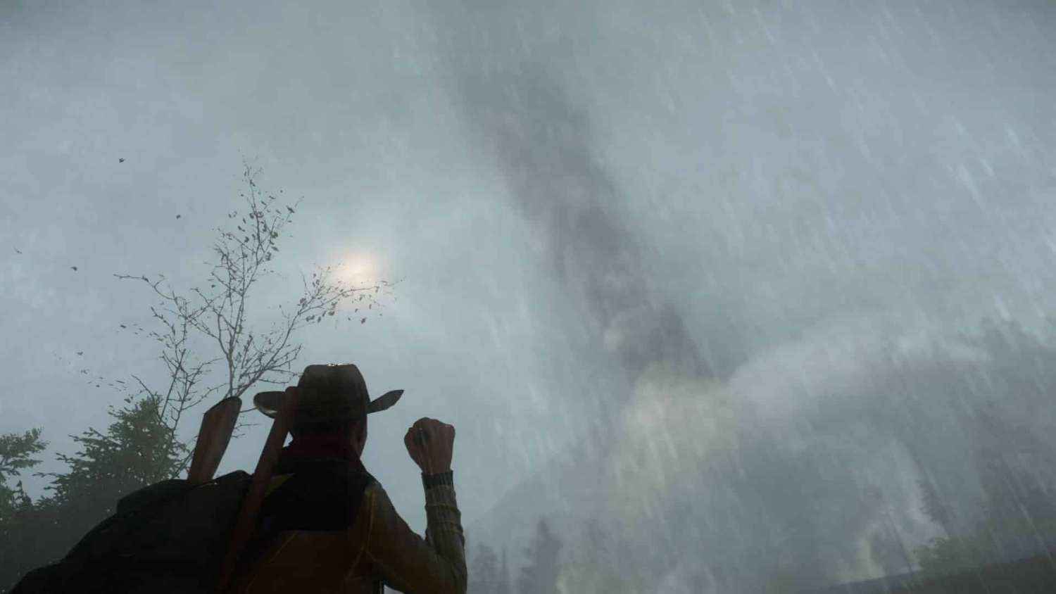 Silhouetted person wearing a cowboy hat raising a fist under heavy rain with a tornado in the sky