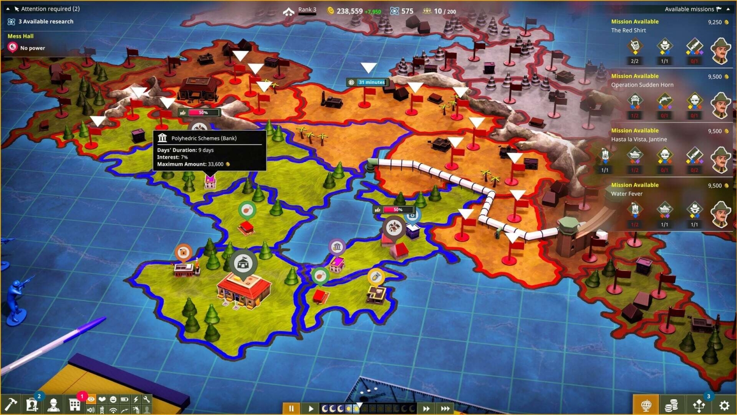 Colour-coded strategy game map showing territories, mission details, resource indicators, and timers on screen