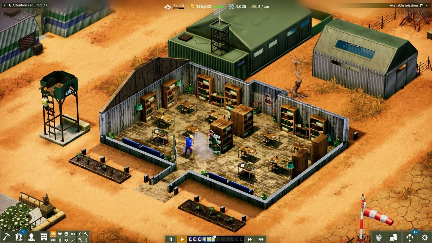 Isometric view of a military camp with fenced wooden building, desks, bookshelves, and characters inside