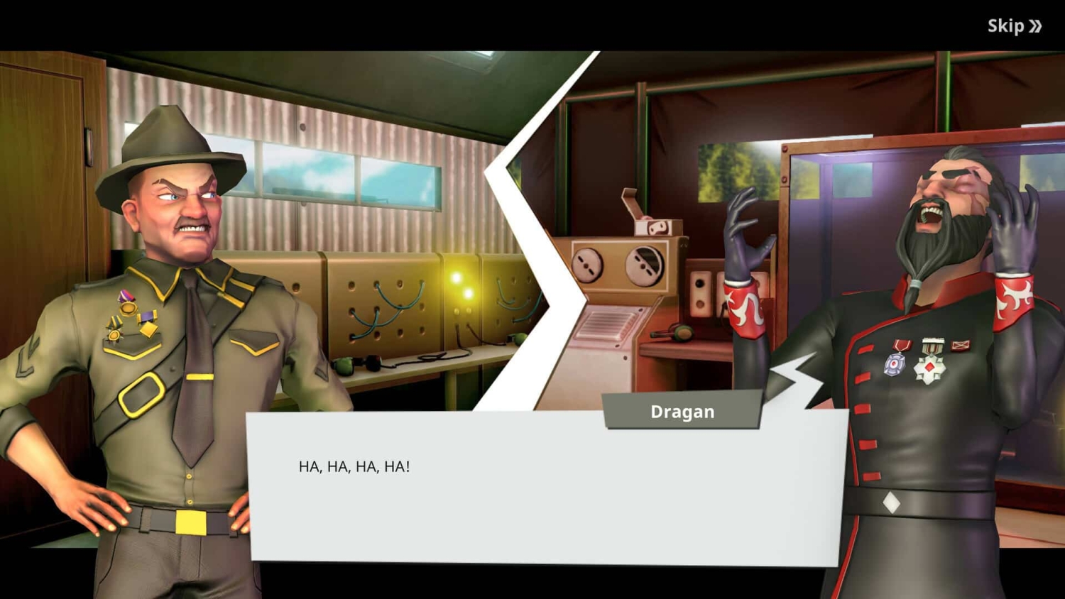 Two animated military officers arguing in separate rooms divided by a split screen in a video game.