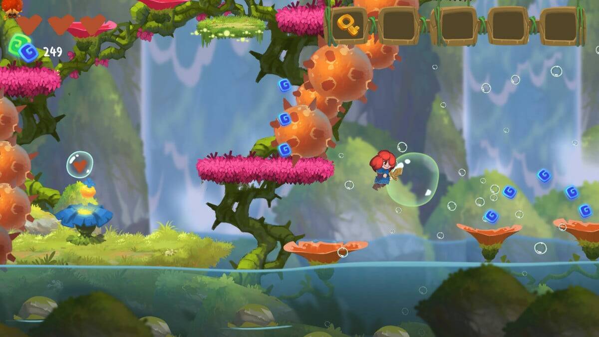 Character swimming underwater collecting blue glowing items among pink plants and thorny vines in a colourful side-scrolling game
