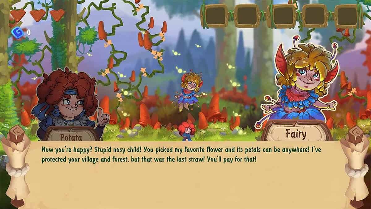 Cartoon dialogue scene showing Potata and a fairy arguing in a colourful forest environment