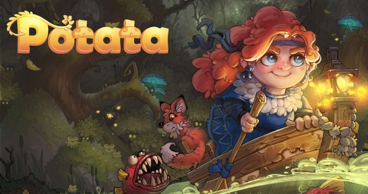Cartoon girl with red hair rowing a boat on a river in a forest with glowing lantern and creatures around