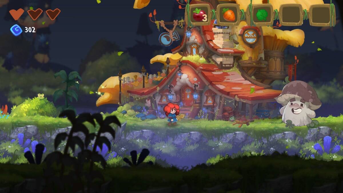 Red-haired cartoon fairy stands in front of a whimsical mushroom house and large friendly mushroom creature at night