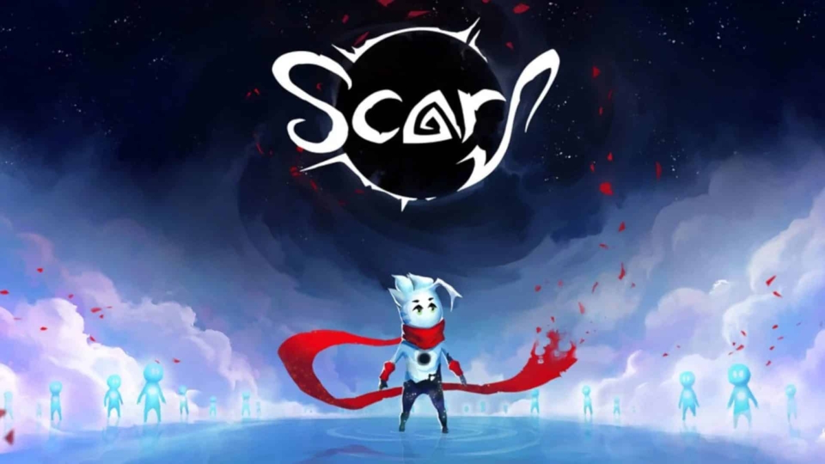 Small white character with a long red scarf standing under a dark circular logo reading 'Scarf' with glowing blue humanoid figures in the misty background