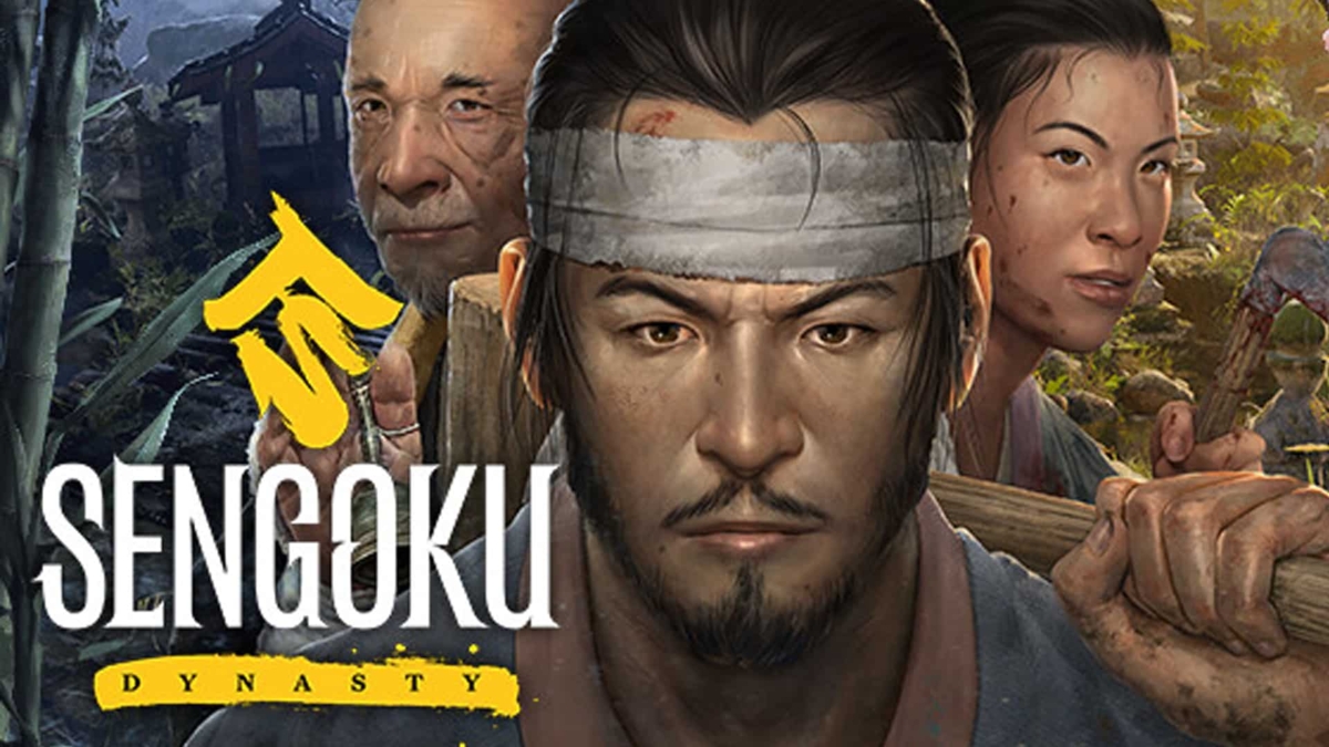 Three rugged characters from Sengoku Dynasty, one with a headband and two holding tools, set in a forested background