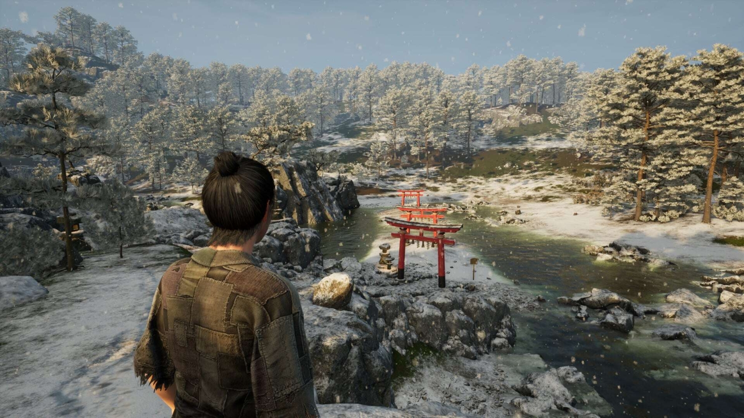 Character overlooking snowy terrain with red torii gates by a river surrounded by pine trees