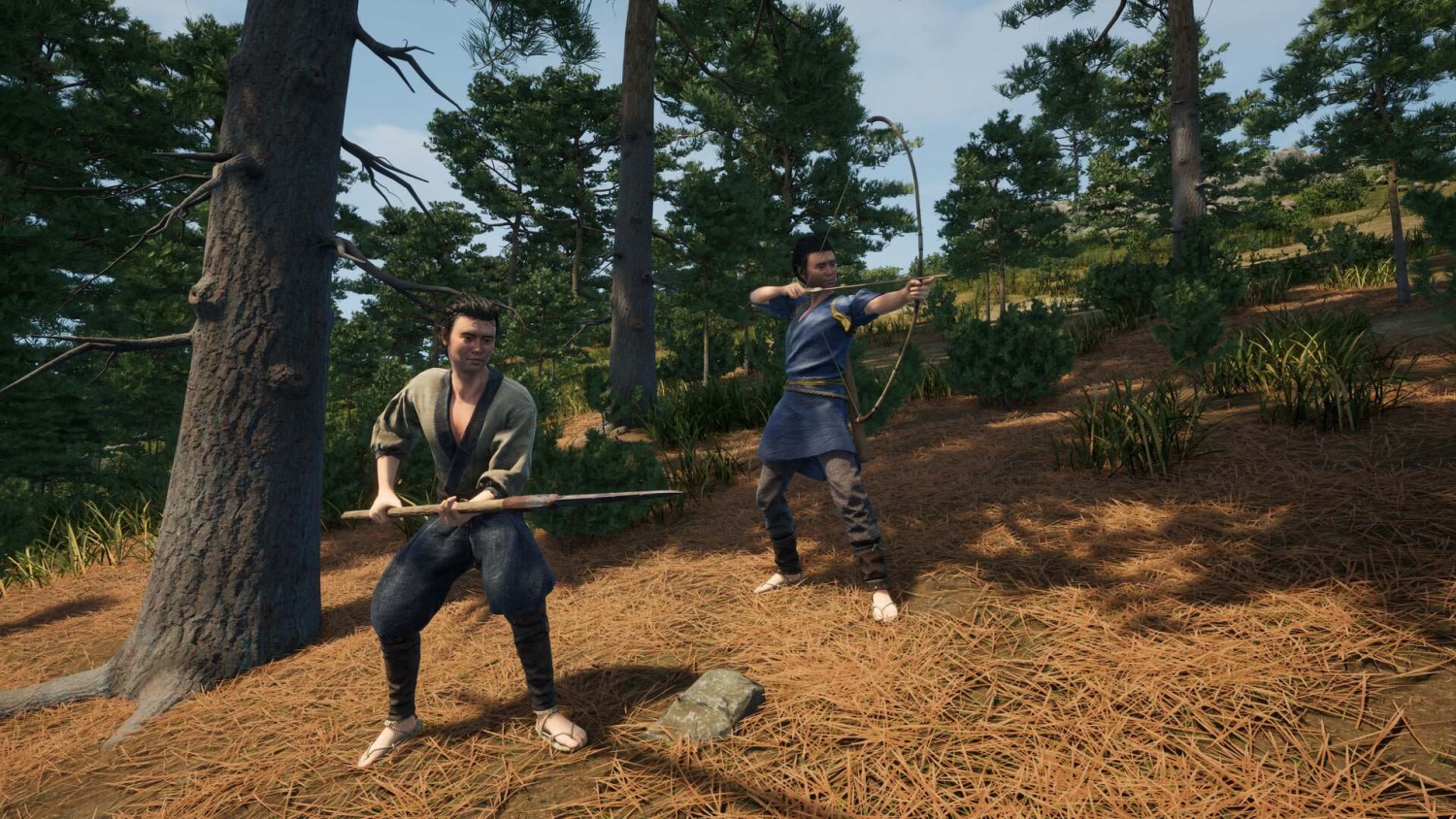 Two men in traditional Japanese clothing in a forest clearing, one aiming a bow, the other holding a spear ready to strike