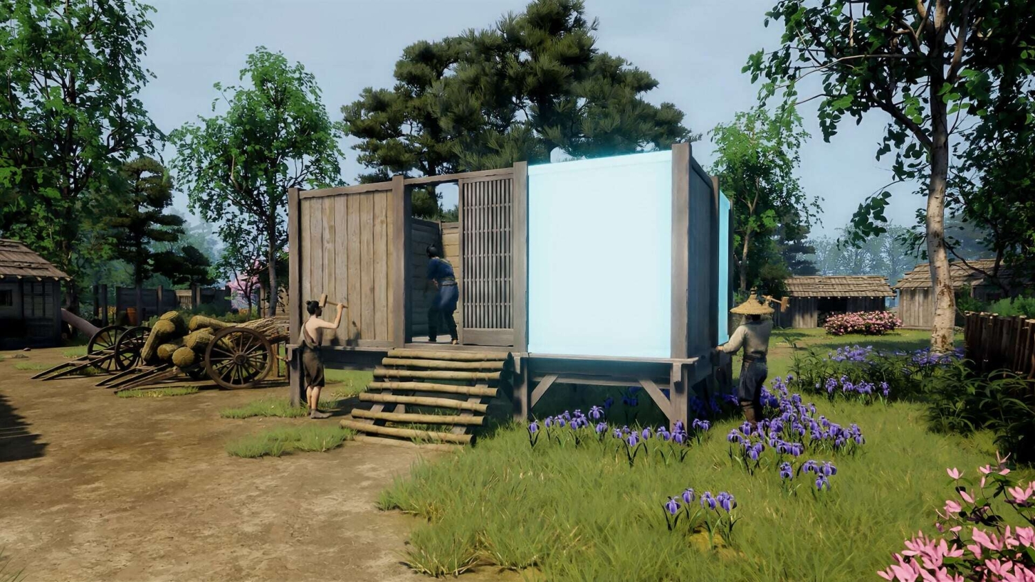 Three characters constructing a wooden building in a vibrant village surrounded by trees and colourful flowers