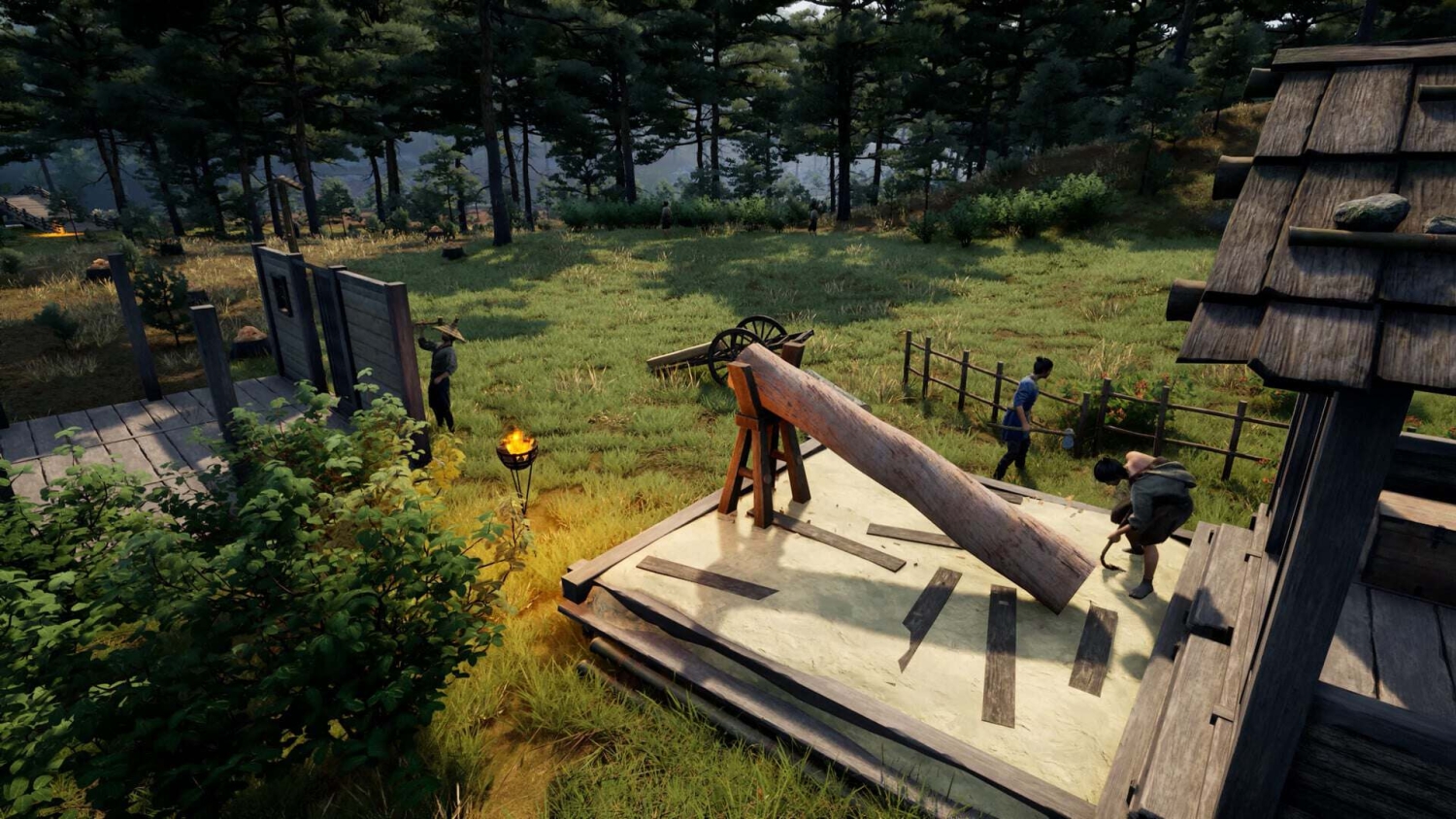 Villagers constructing wooden buildings and fences in a sunlit forest clearing