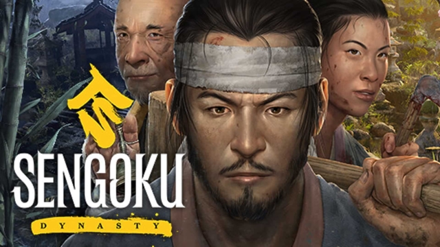 Three rugged characters from Sengoku Dynasty, one with a headband and two holding tools, set in a forested background