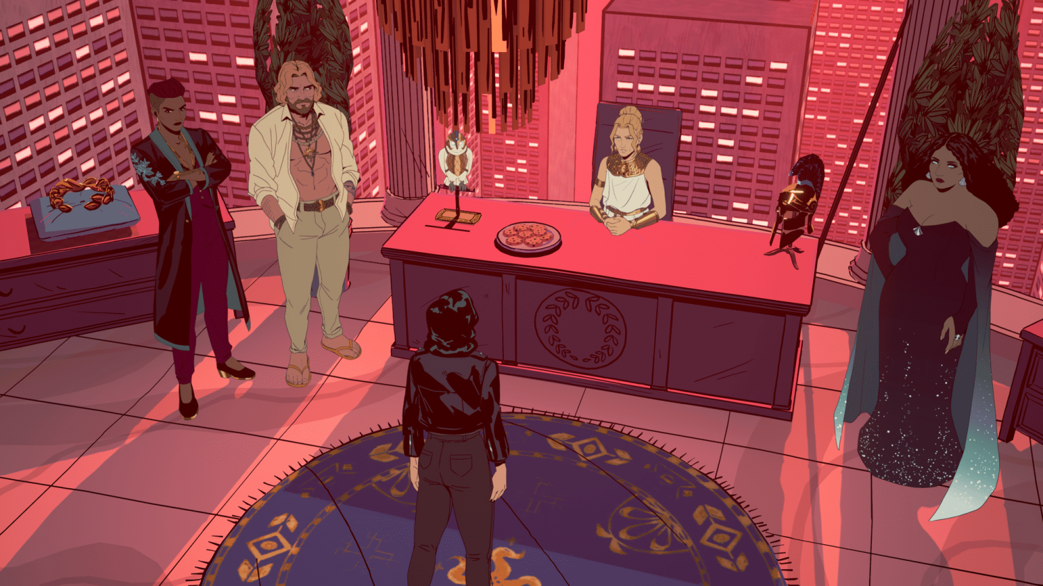Five animated figures in a stylish red-lit office, one seated behind desk with cookies and an owl sculpture